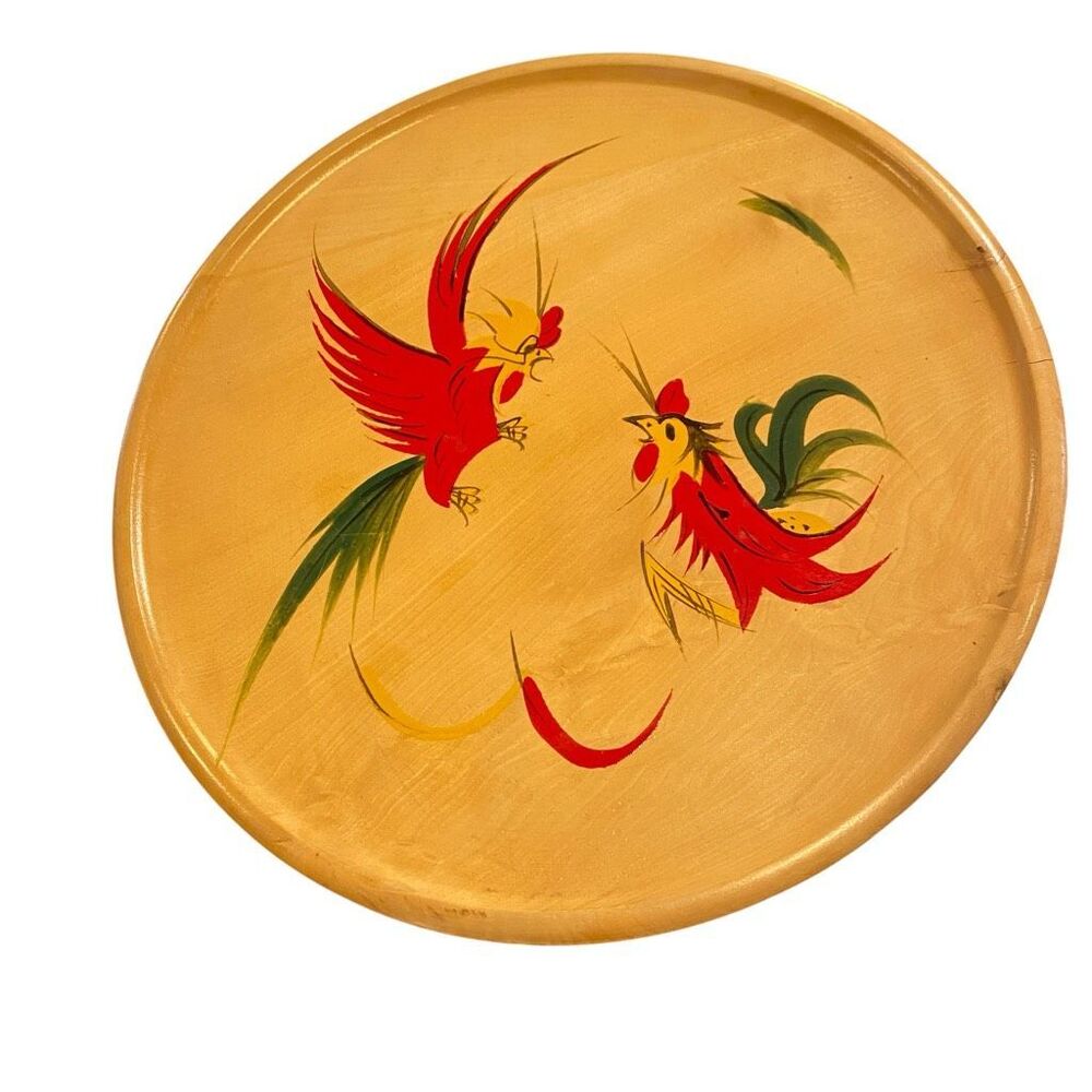 Fighting Rooster Japan Wooden Plate Tray 1950’s  Hand Painted Excellent 12”